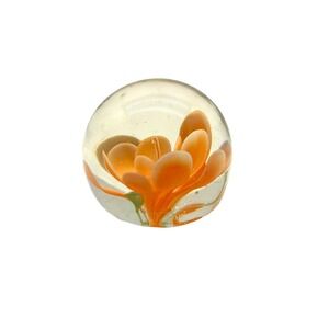 Vintage Art Glass Paperweight Orange Lampwork Flower Controlled Bubble Round